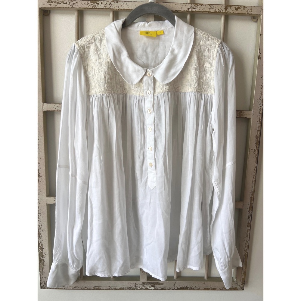 Roller Rabbit White Embroidered‎ Yoke Peter Pan Collar Viscose Blouse Small